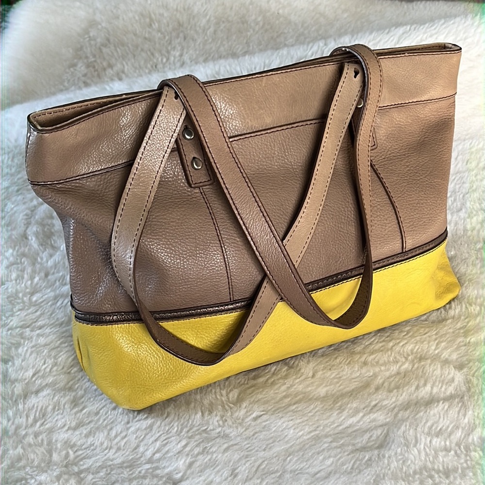Fossil Color Block Light Tan W/Yellow Cow Hide To… - image 6